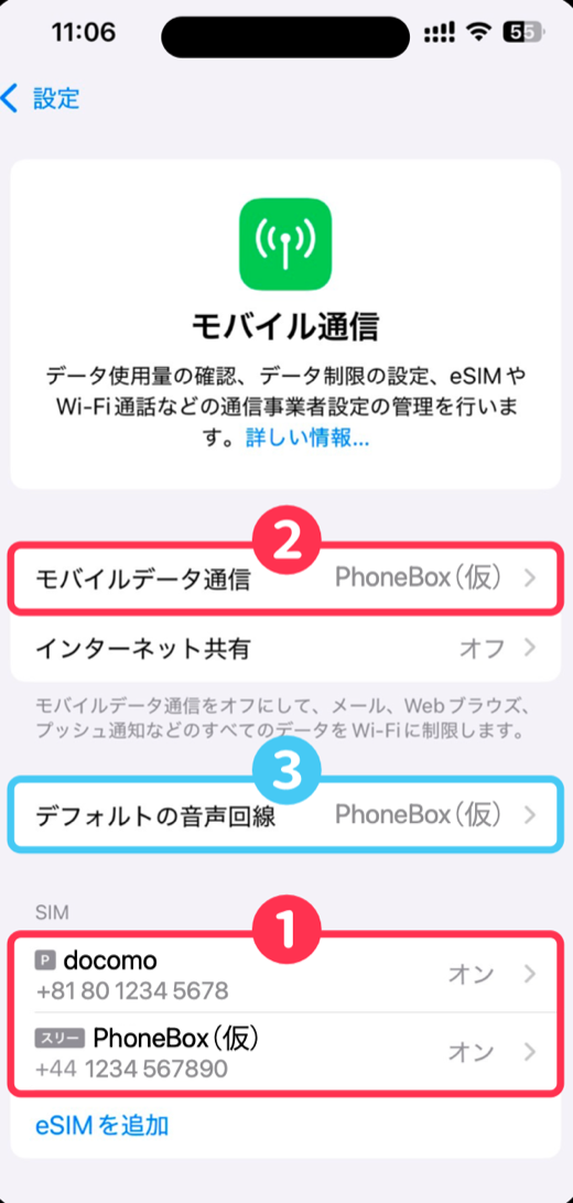 日本の回線と新規回線をどちらもオンにし、モバイルデータ通信とデフォルトの音声回線を新規回線にした「モバイル通信」の画面。番号1〜3は左の説明に対応しています