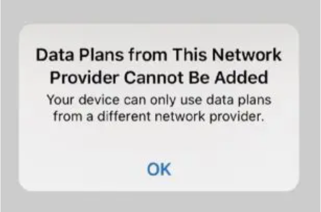 英語表示のエラー「Data Plans from This Network Provider Cannot Be Added」