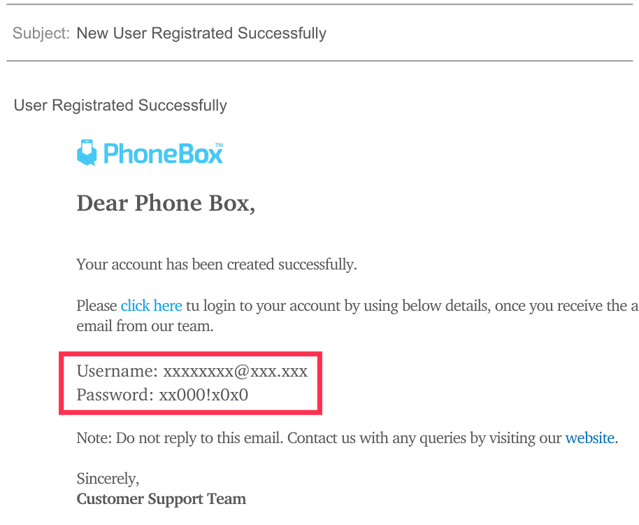 PhoneBoxから届くメールの見本。本文の中ほどに、ログインに使うUsername（メールアドレス）とPasswordが赤枠で示されています