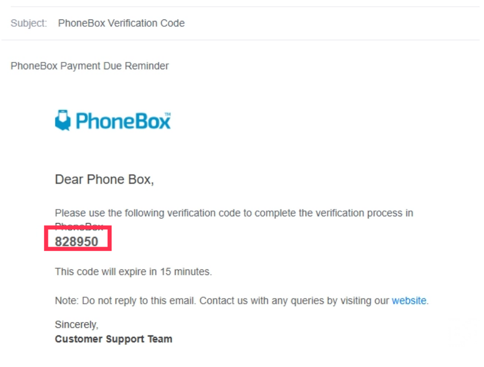 PhoneBoxから届く認証コードのメールの見本。本文の中ほどにある6桁の認証コードが赤枠で示されています