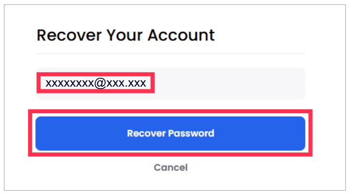 「Recover Your Account」の画面。メールアドレスの入力欄と「Recover Password」のボタンが赤枠で示されています