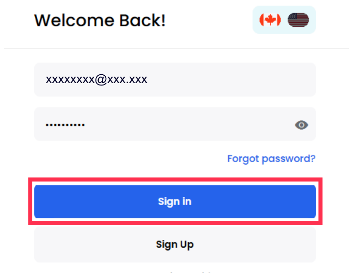 ログイン画面「Welcome Back!」。メールアドレスとパスワードを入力し、「Sign In」のボタンが赤枠で示されています
