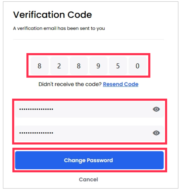 「Verification Code」の画面。認証コードの入力欄、新しいパスワードの入力欄2つ、「Change Password」のボタンが赤枠で示されています