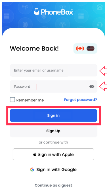ログイン画面「Welcome Back!」。上の入力欄に登録したメールアドレス、下の入力欄にパスワードを入れ、「Sign in」のボタンが赤枠で示されています