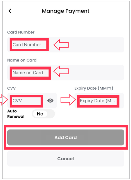 カード情報の入力画面。カード番号、カードの名義、CVV、有効期限（月/年）の入力欄と、「Add Card」のボタンが赤枠で示されています