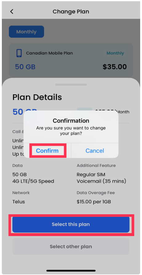 プランの詳細画面。下の「Select this plan」のボタンと、確認のポップアップにある「Confirm」が赤枠で示されています