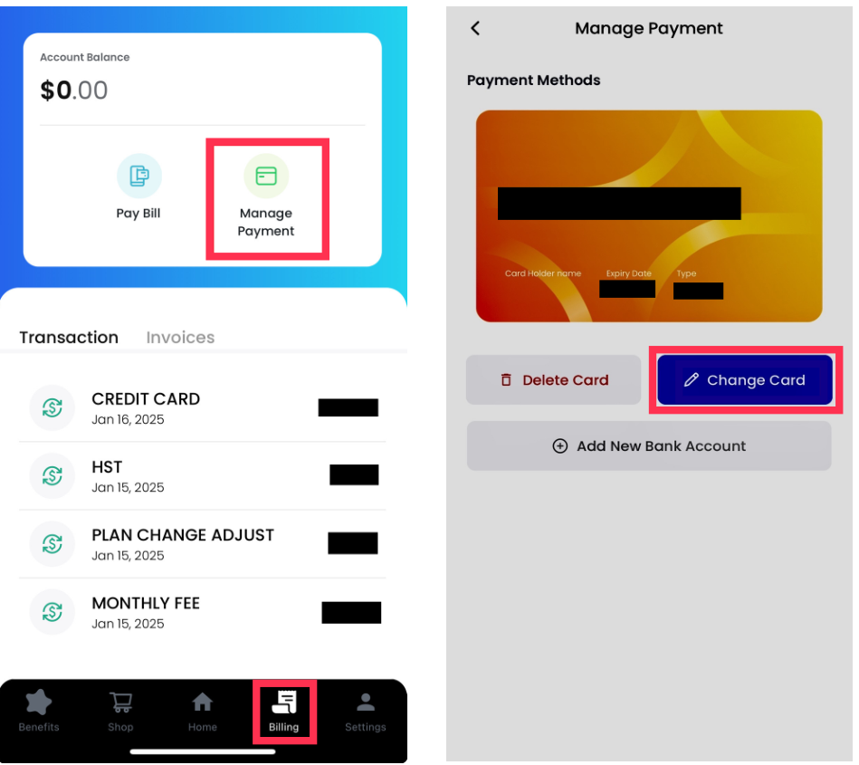 左は「Billing」の画面で、「Manage Payment」が赤枠で示されています。右は「Manage Payment」の画面で、「Change Card」が赤枠で示されています