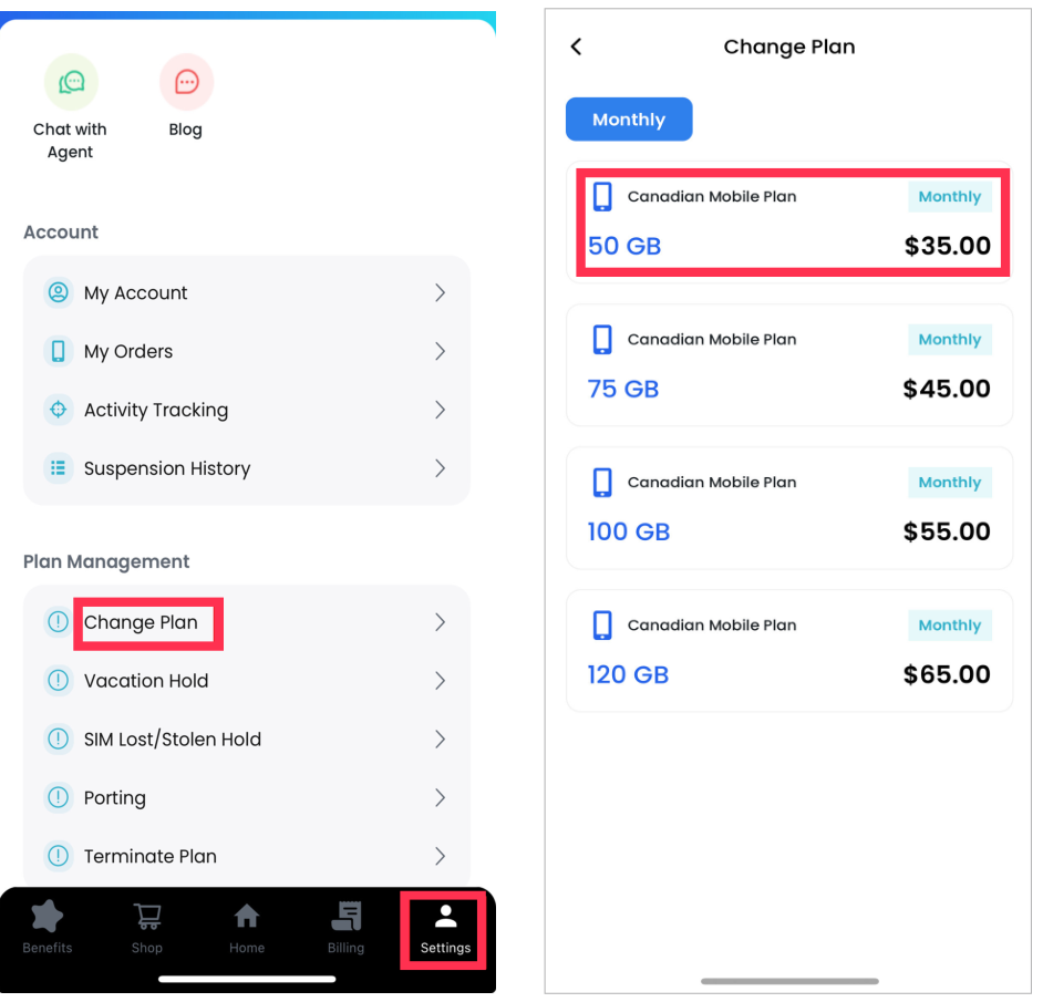 左は画面右下の「Settings」から開いたメニューで、「Change Plan」が赤枠で示されています。右は「Change Plan」の画面で、プランの一覧から選びます