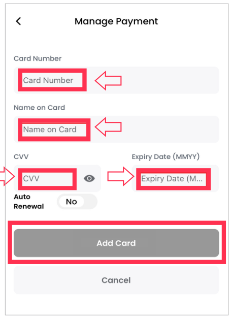 カード情報の入力画面。カード番号、カードの名義、CVV、有効期限（月/年）の入力欄と、「Add Card」のボタンが赤枠で示されています