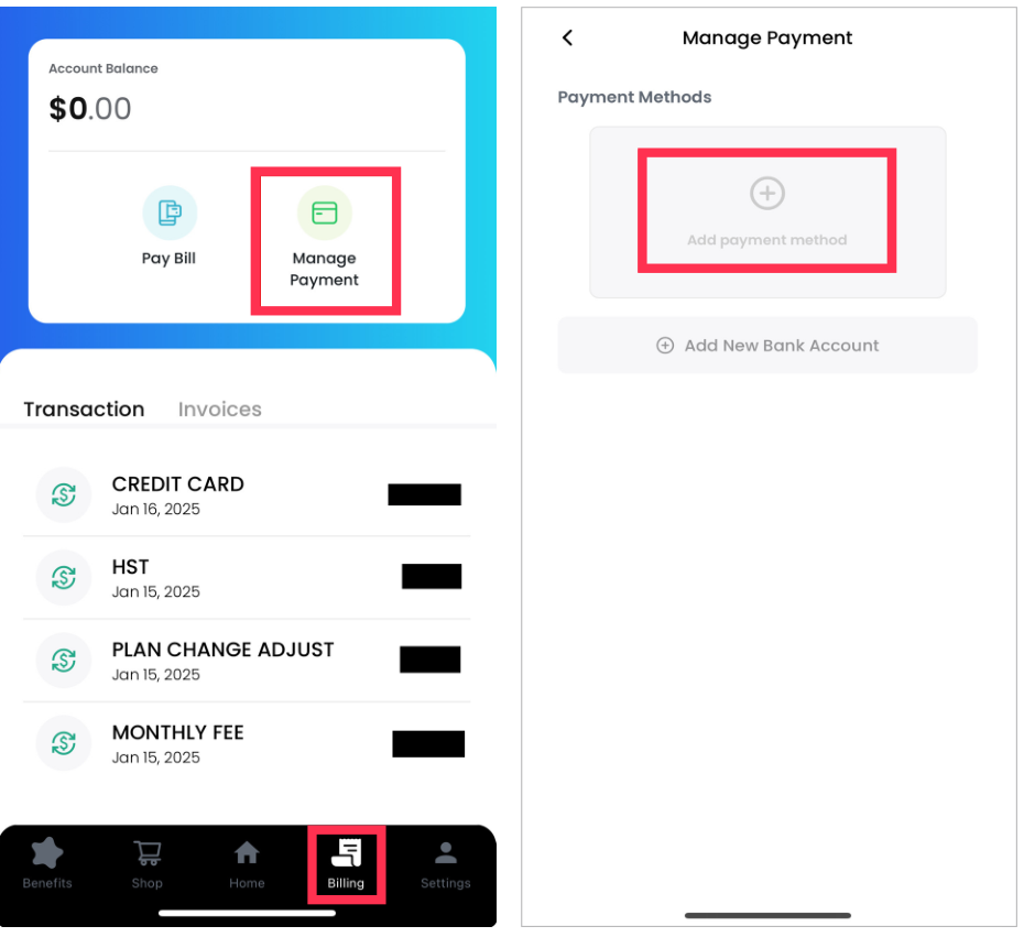左は「Billing」の画面で、「Manage Payment」が赤枠で示されています。右は「Manage Payment」の画面で、「Add payment method」が赤枠で示されています